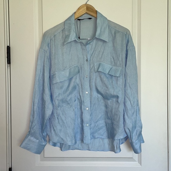 Zara Women’s Front Button Wrinkled Fabric Blouse Sky Blue L - Picture 2 of 7